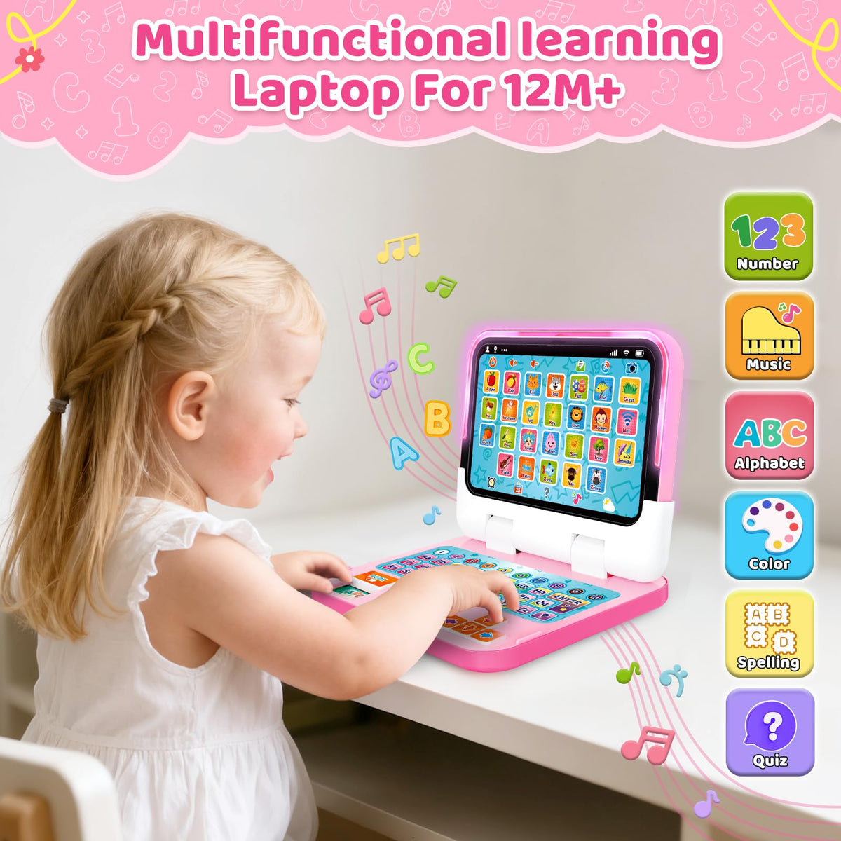 GMAOPHY laptop offers learning, spelling, quiz, and music modes to engage kids.