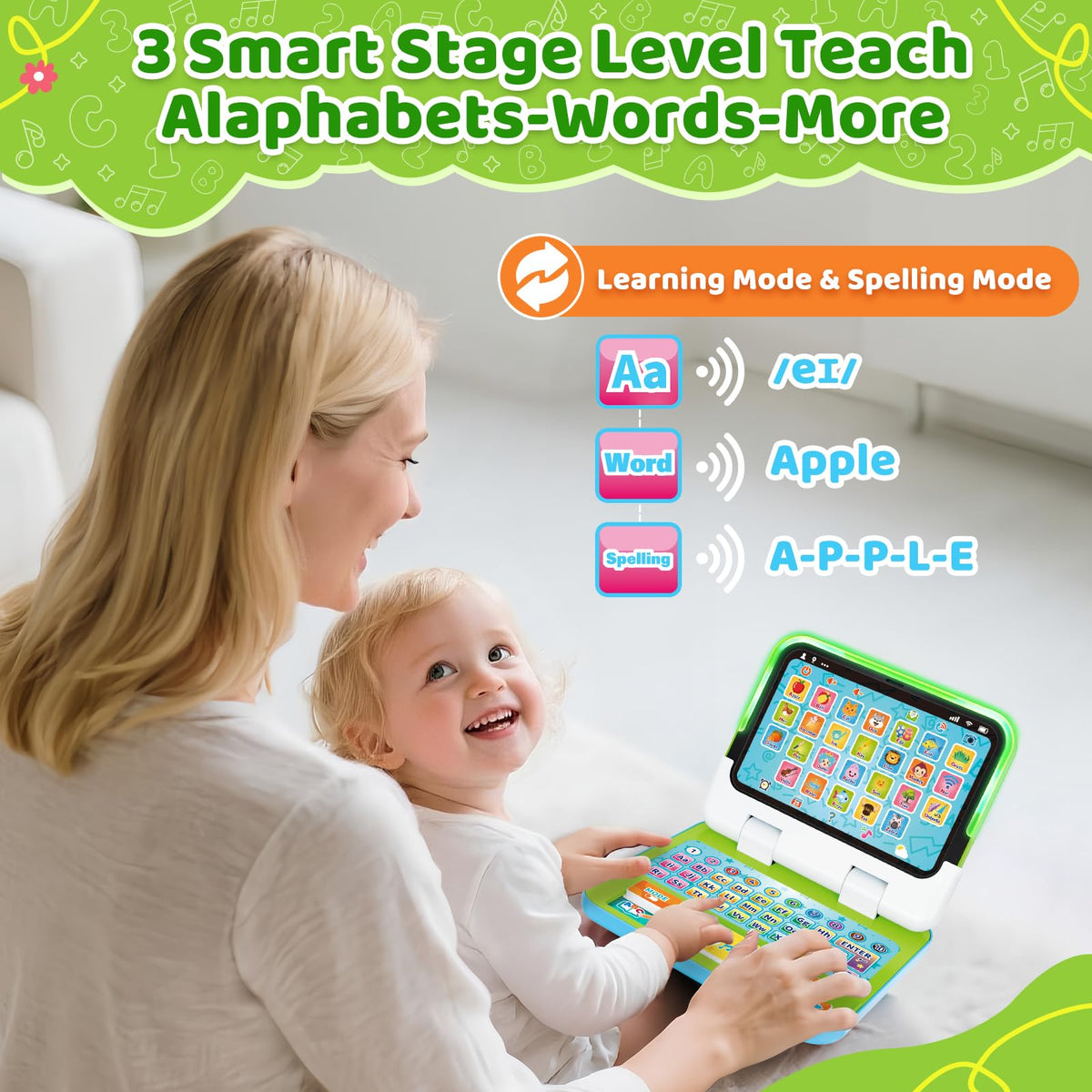 GMAOPHY learning laptop in music mode helps toddlers explore rhythm and sound recognition.