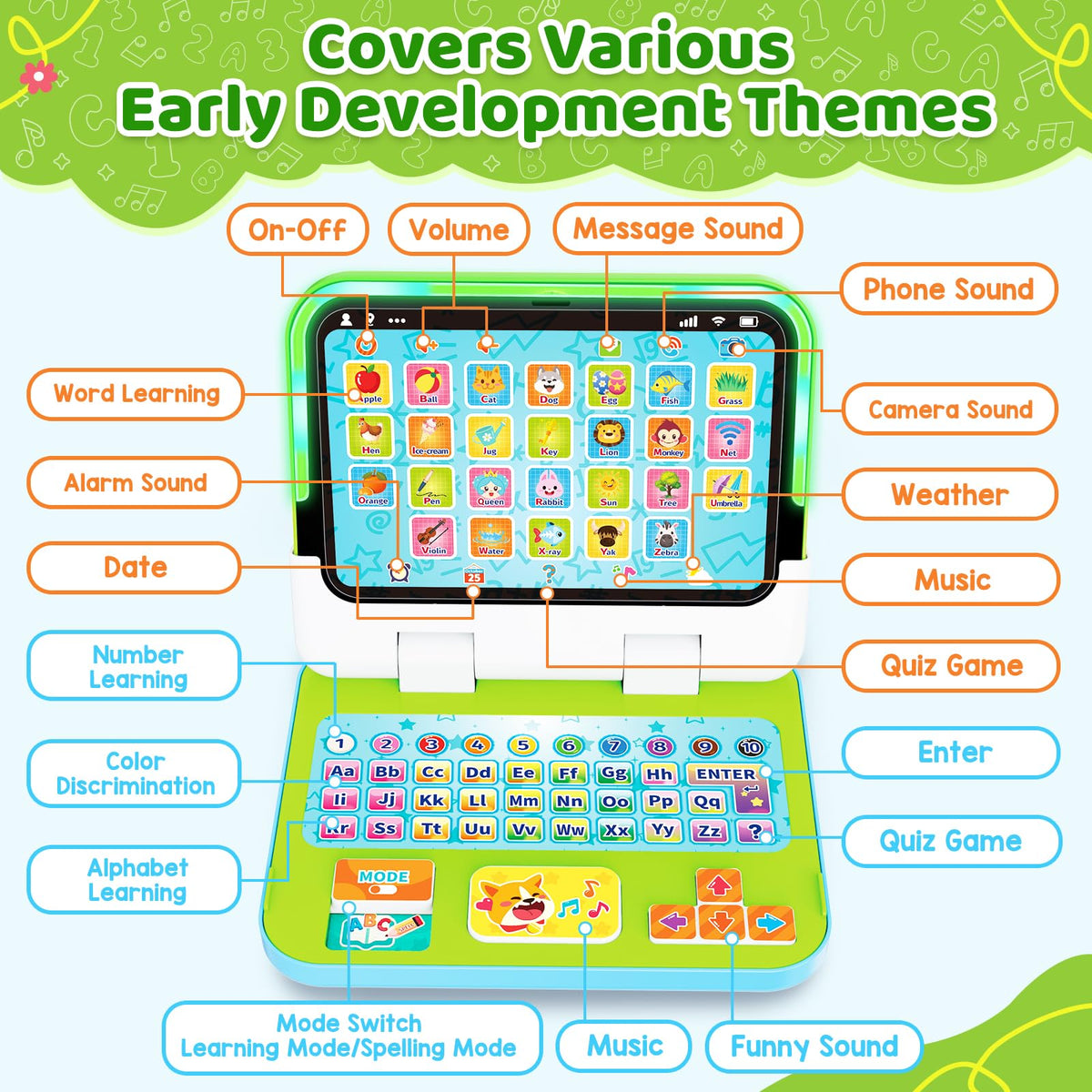 GMAOPHY pretend-play laptop encourages social language and everyday scenarios.