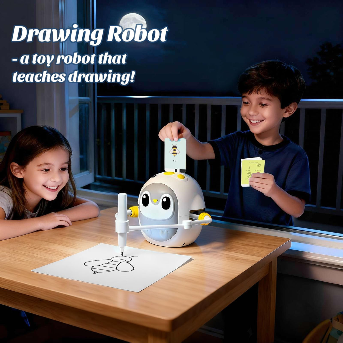 GMYGBY drawing robot Montessori-inspired learning prompts support creative development.