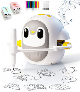 GMYGBY penguin drawing robot with education cards guiding kid-friendly drawing.
