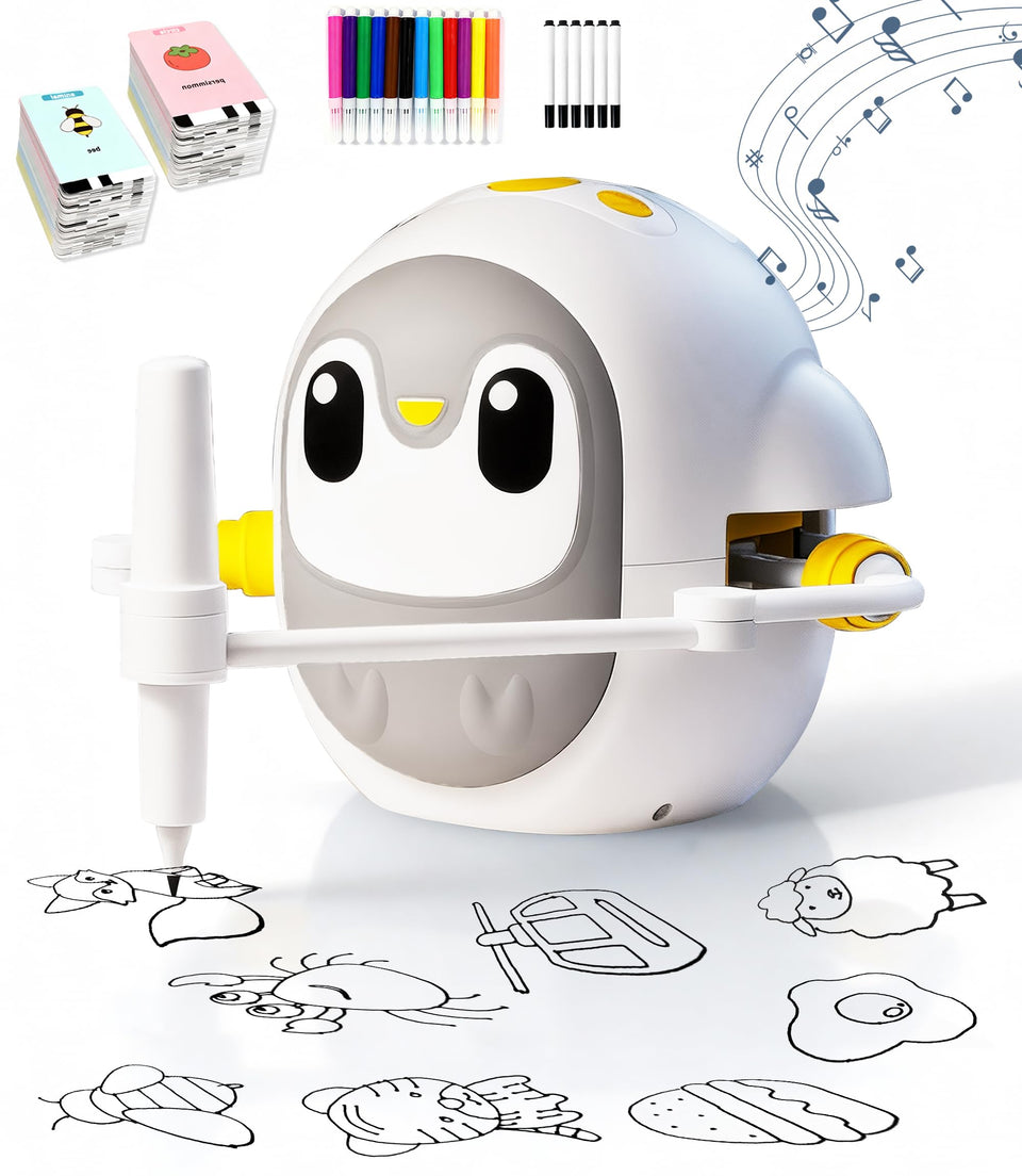 GMYGBY penguin drawing robot with education cards guiding kid-friendly drawing.