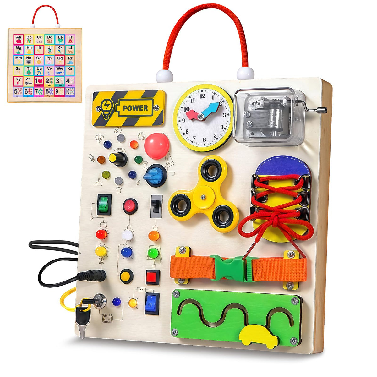 GNAYUIJ Busy Board showing LED switches for tactile play and visual cues