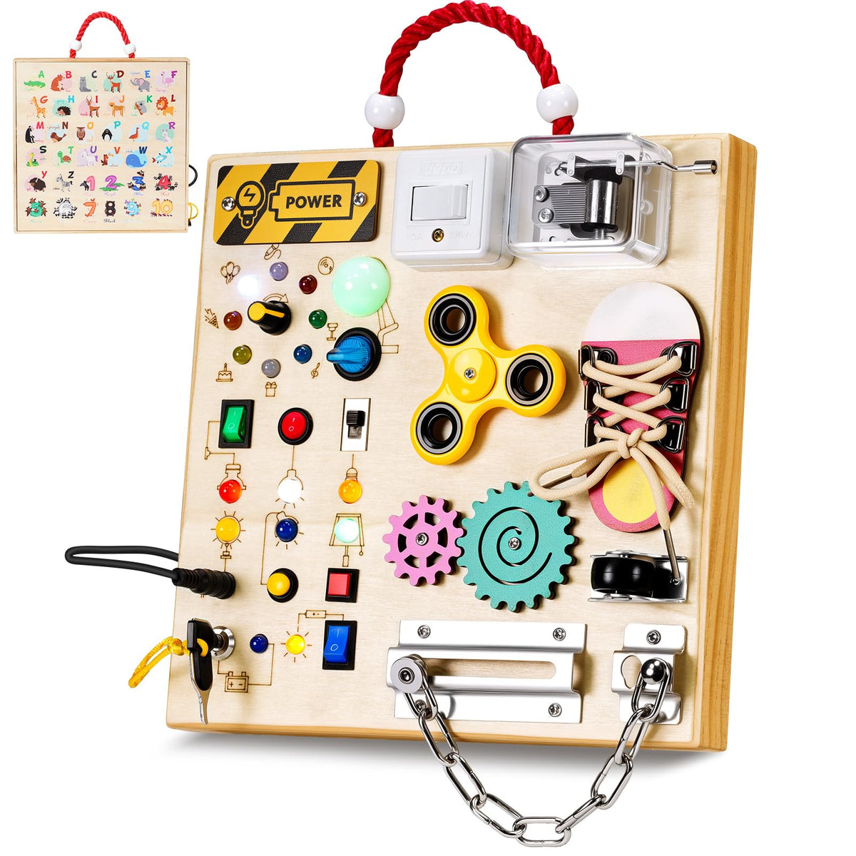 GNAYUIJ Montessori Busy Board with LED switches boosts fine motor skills through interactive play.