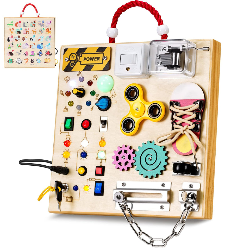 GNAYUIJ Montessori Busy Board with LED switches boosts fine motor skills through interactive play.