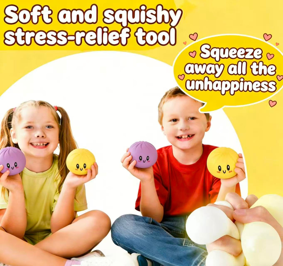 GNDA yellow dumpling squishies in hand showing soft squeeze for focus