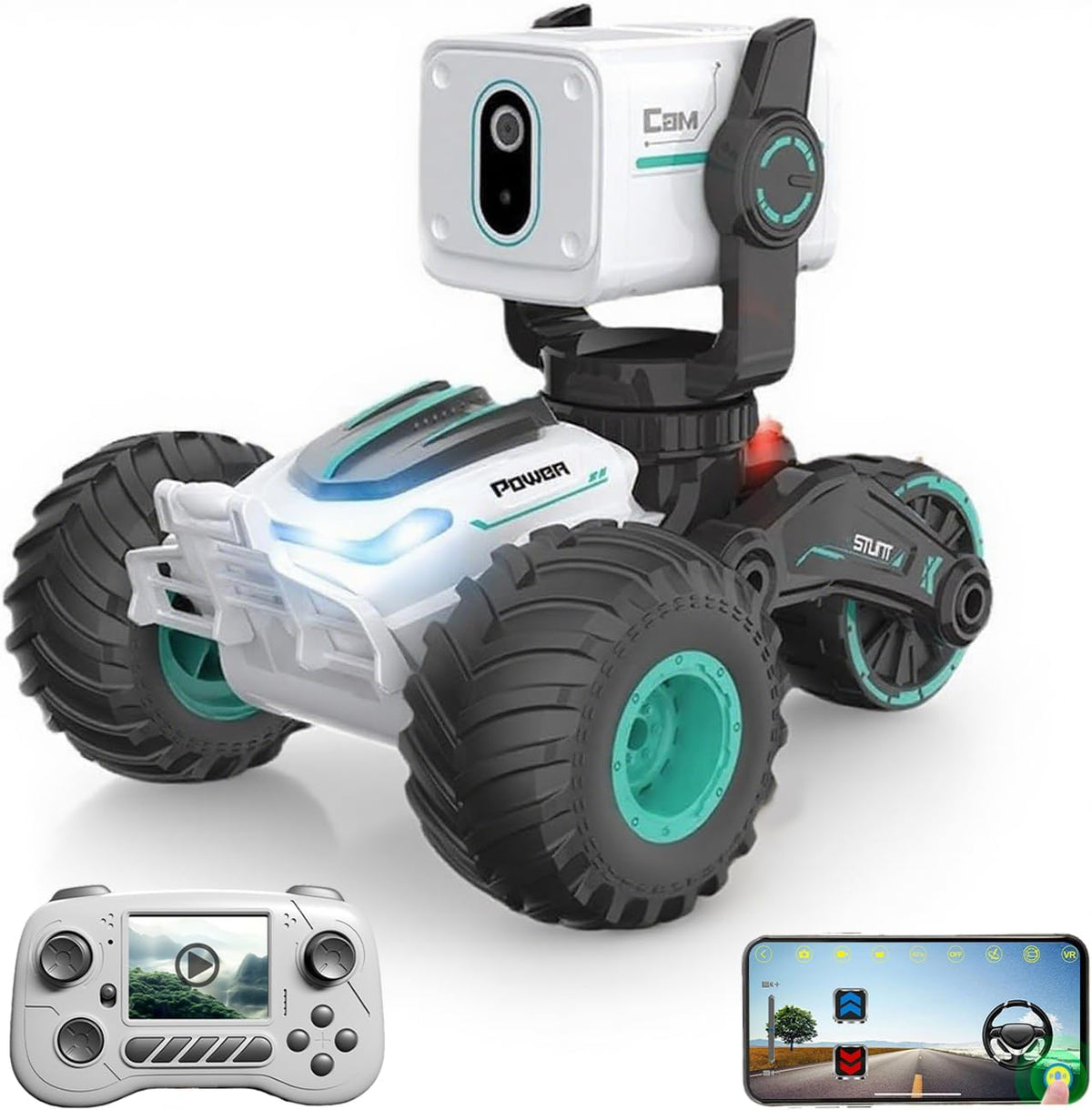 GNIMNAYRC RC car with camera front view shows FPV feed for indoor exploration