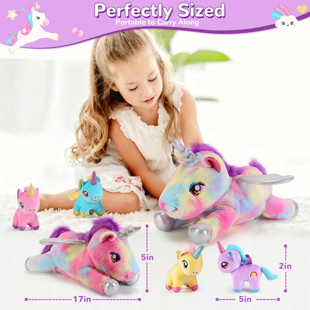 Gnomantic baby unicorns in pink, blue, purple, and yellow for on-the-go fun.