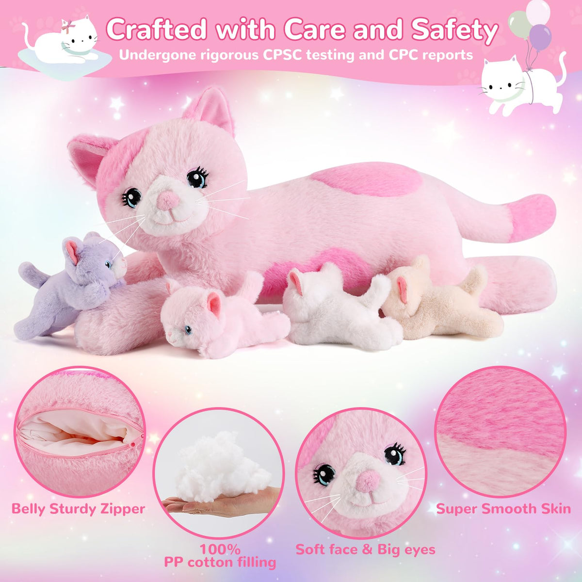 gnomantic colorful plush cat with bright eyes sparks friendly, imaginative adventures