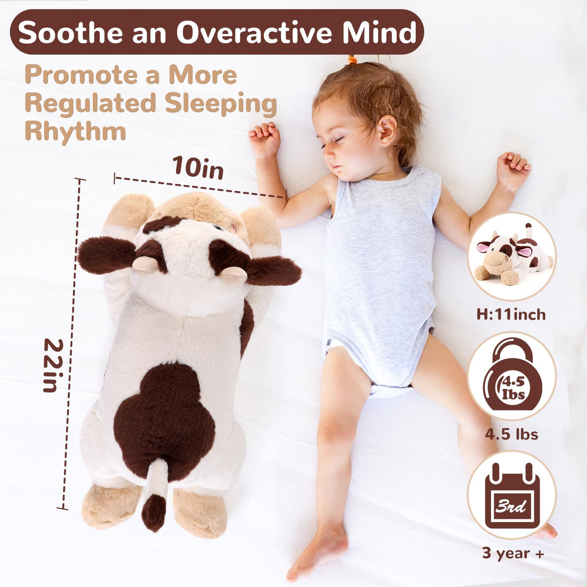 gnomantic cow weighted plush brown-face close-up; ultra-soft fur for comforting snuggles.