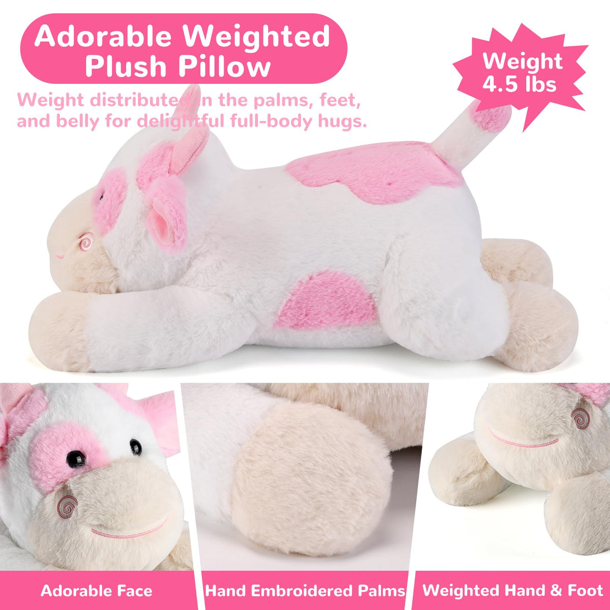 Gnomantic cow weighted plush, close-up fur detail, ultra-soft and durable.