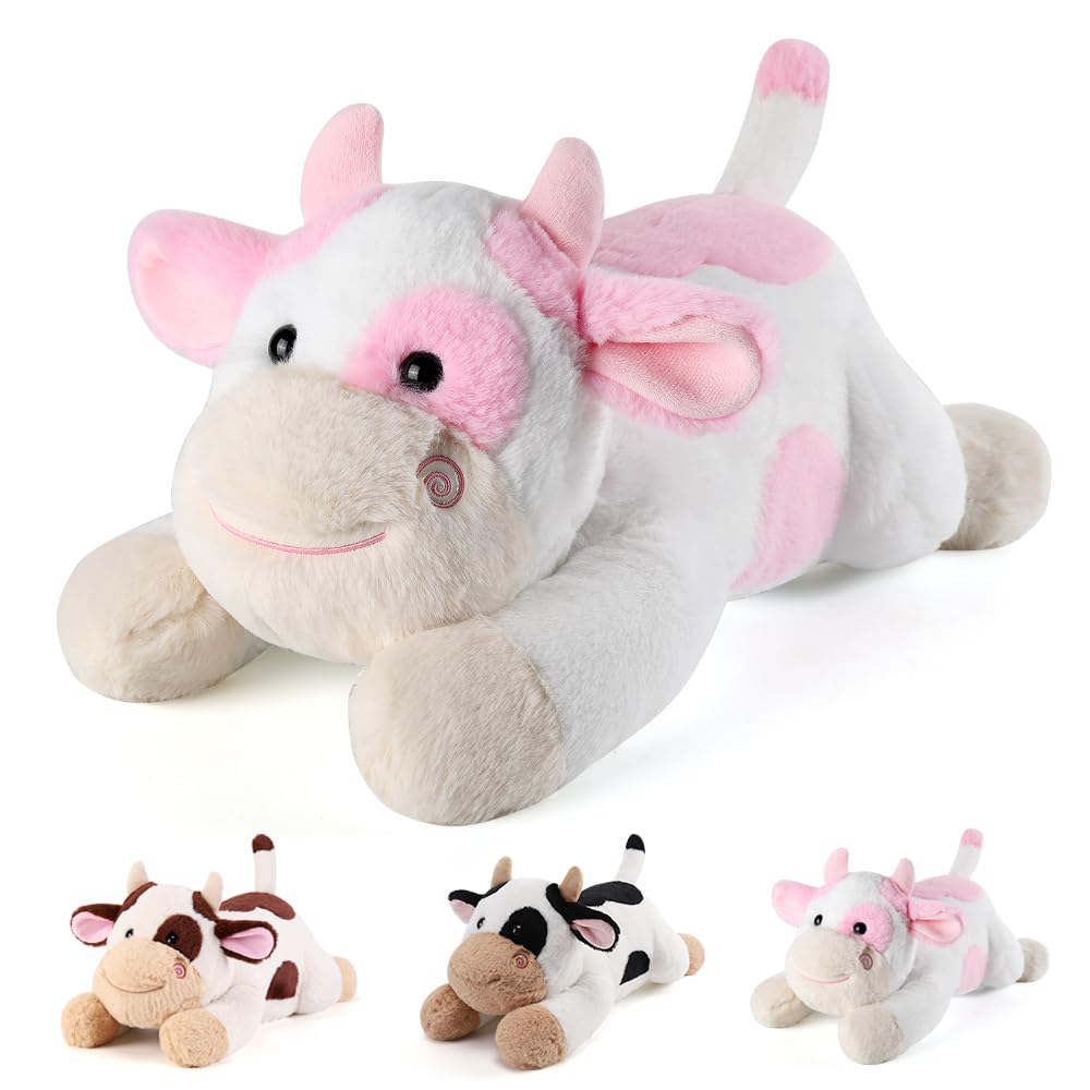 Gnomantic cow weighted stuffed animal, front view, cozy 22-inch plush for comforting hugs.