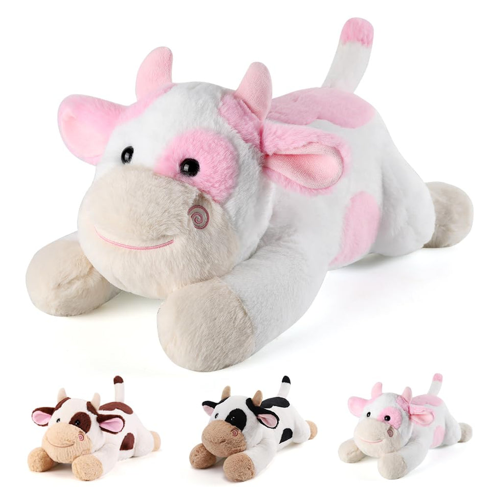 Gnomantic cow weighted stuffed animal, front view, cozy 22-inch plush for comforting hugs.