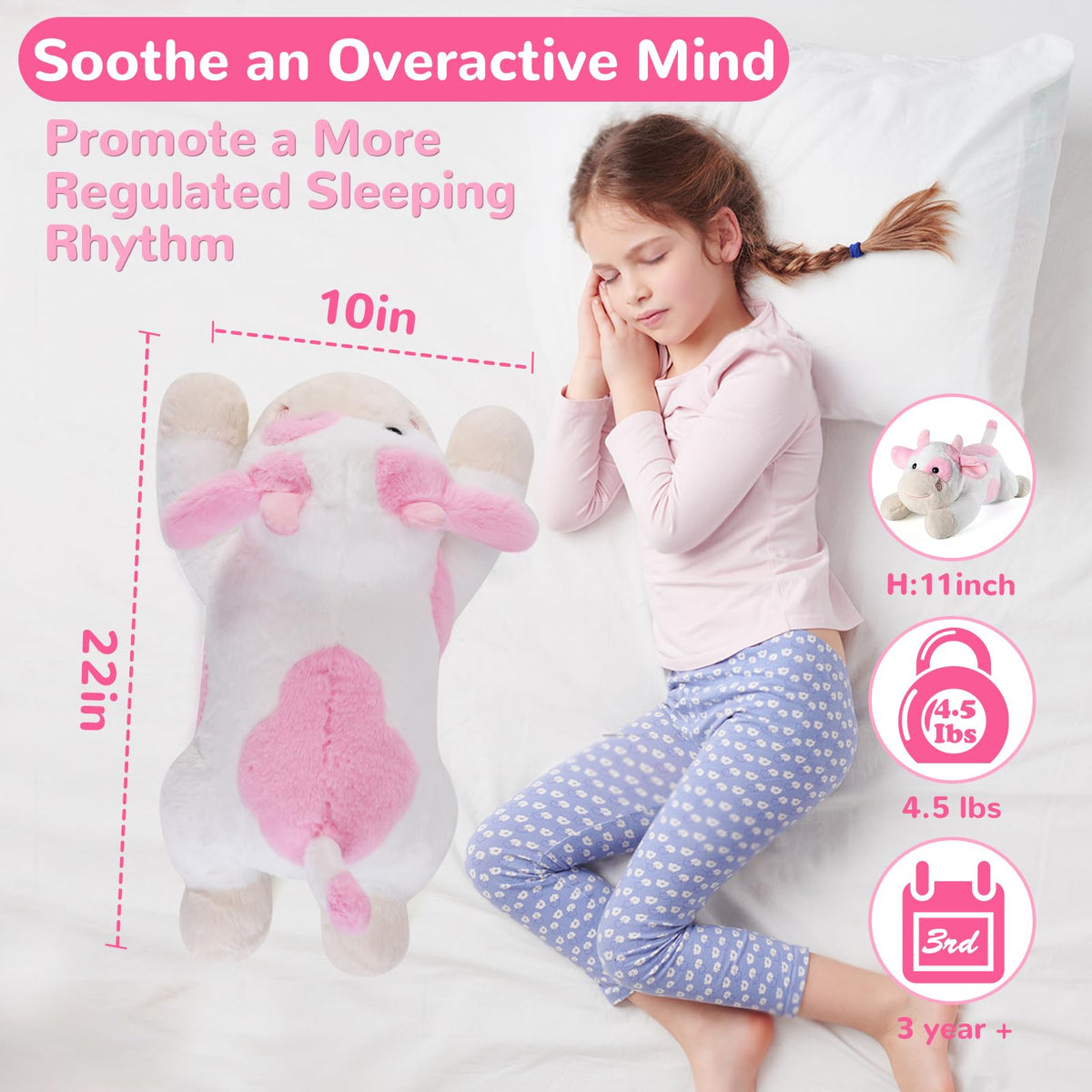 Gnomantic cow weighted plush, snuggle pose, ideal for a calm bedtime companion.
