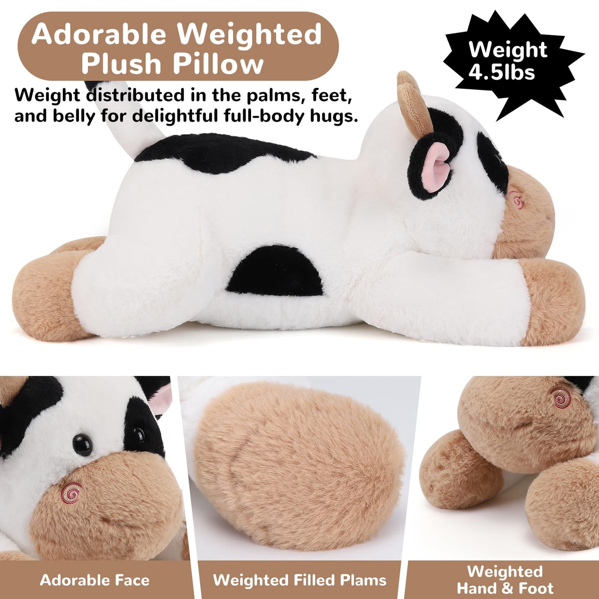Gnomantic cow weighted stuffed animal plush pillow form supports relaxing naps