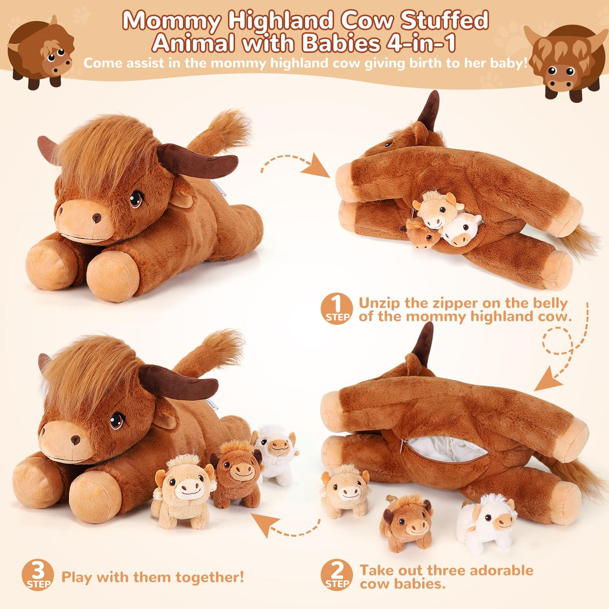 Gnomantic Highland Cow babies unzipped from mommy's belly for mini plush fun