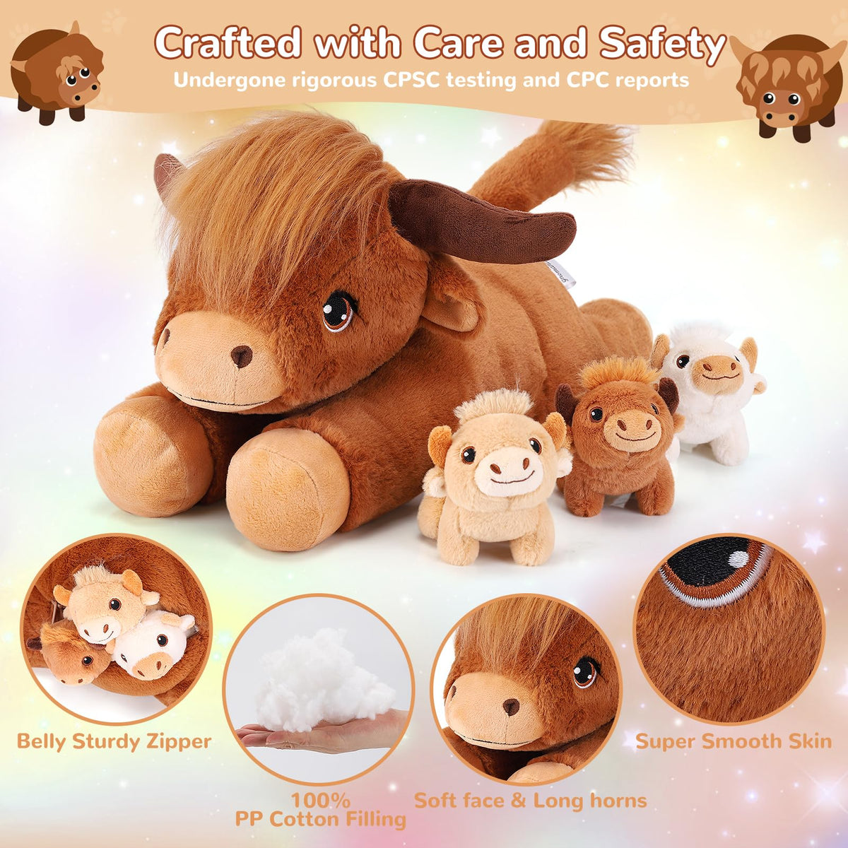 Gnomantic Highland Cow babies in brown, yellow, and white colors with fluffy fur