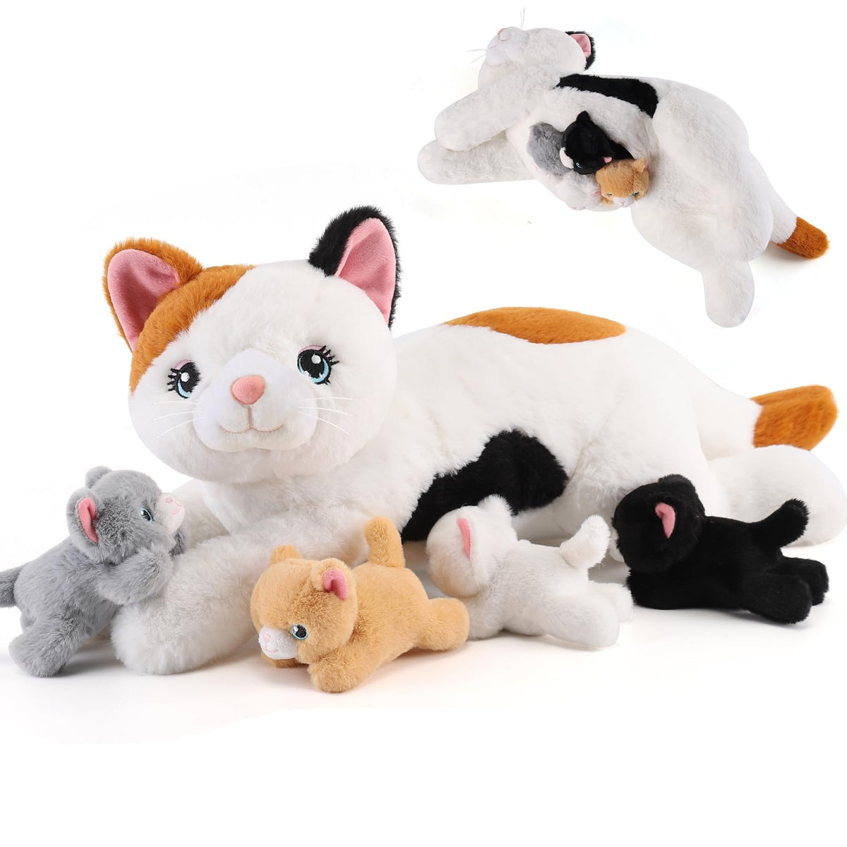 Gnomantic mommy cat stuffed animal with kittens inside belly for imaginative play