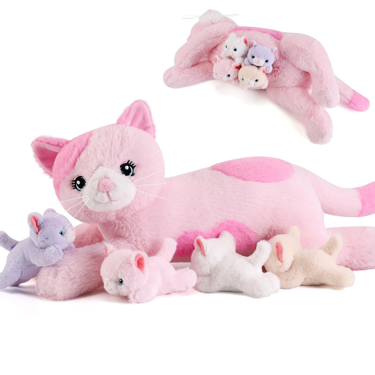 gnomantic mommy cat plush with four kittens inside belly, perfect for imaginative play and cuddles