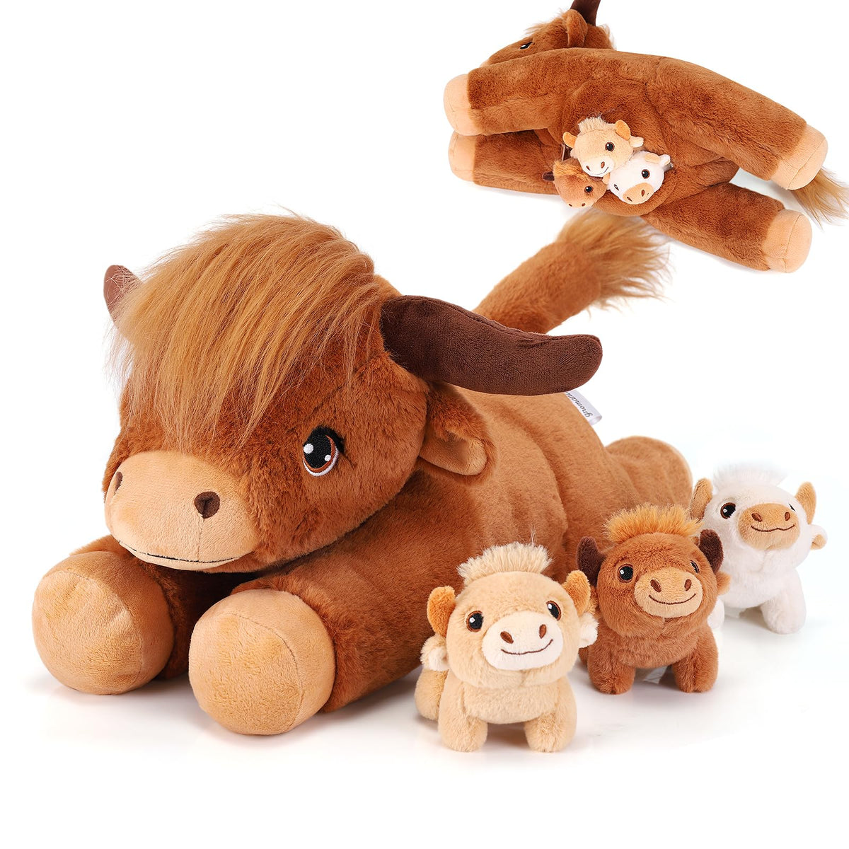 Gnomantic mommy Highland Cow with three babies plush for imaginative play