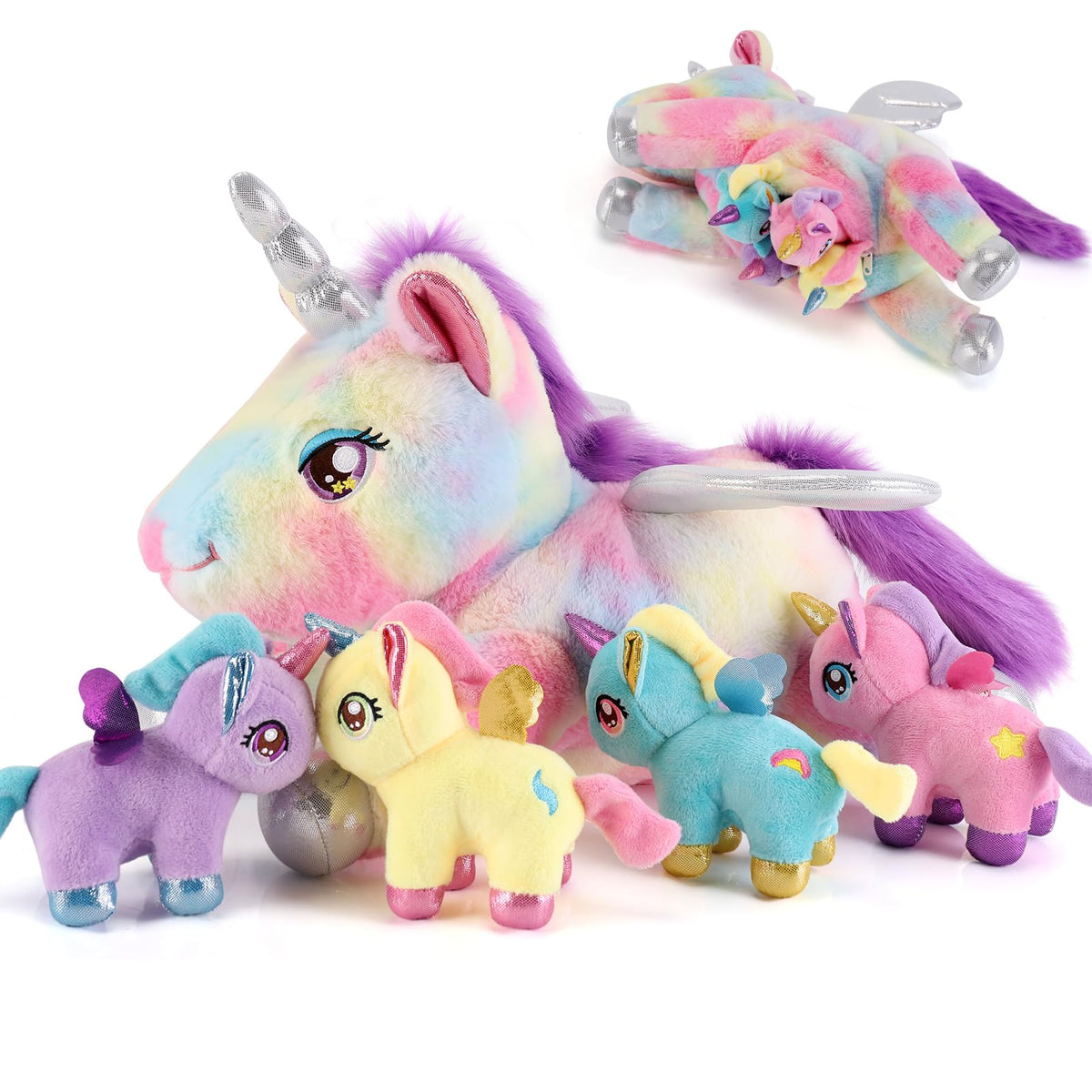 Gnomantic mommy unicorn with four babies, ideal for imaginative play and cuddles.