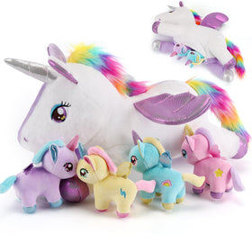 Gnomantic mommy unicorn with four babies revealing zipper belly for imaginative play