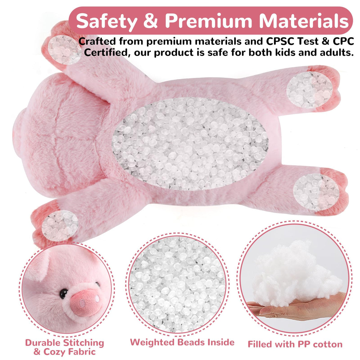 Gnomantic pig weighted stuffed animal hugging pose, comforting security