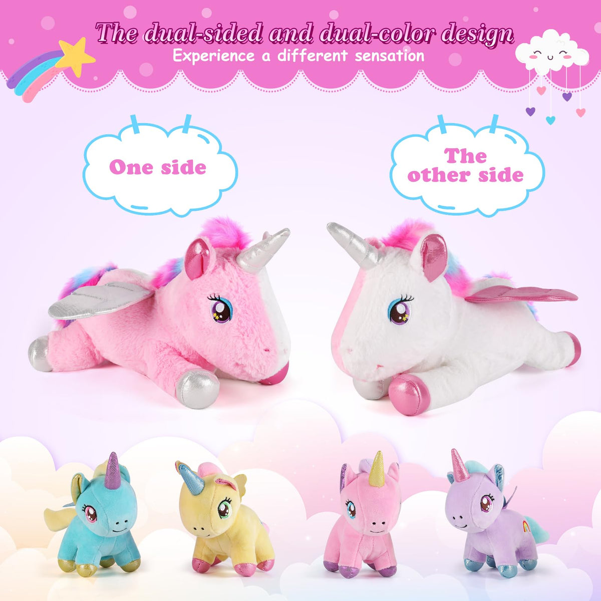 Gnomantic pink baby unicorn plush with bright eyes for travel play.