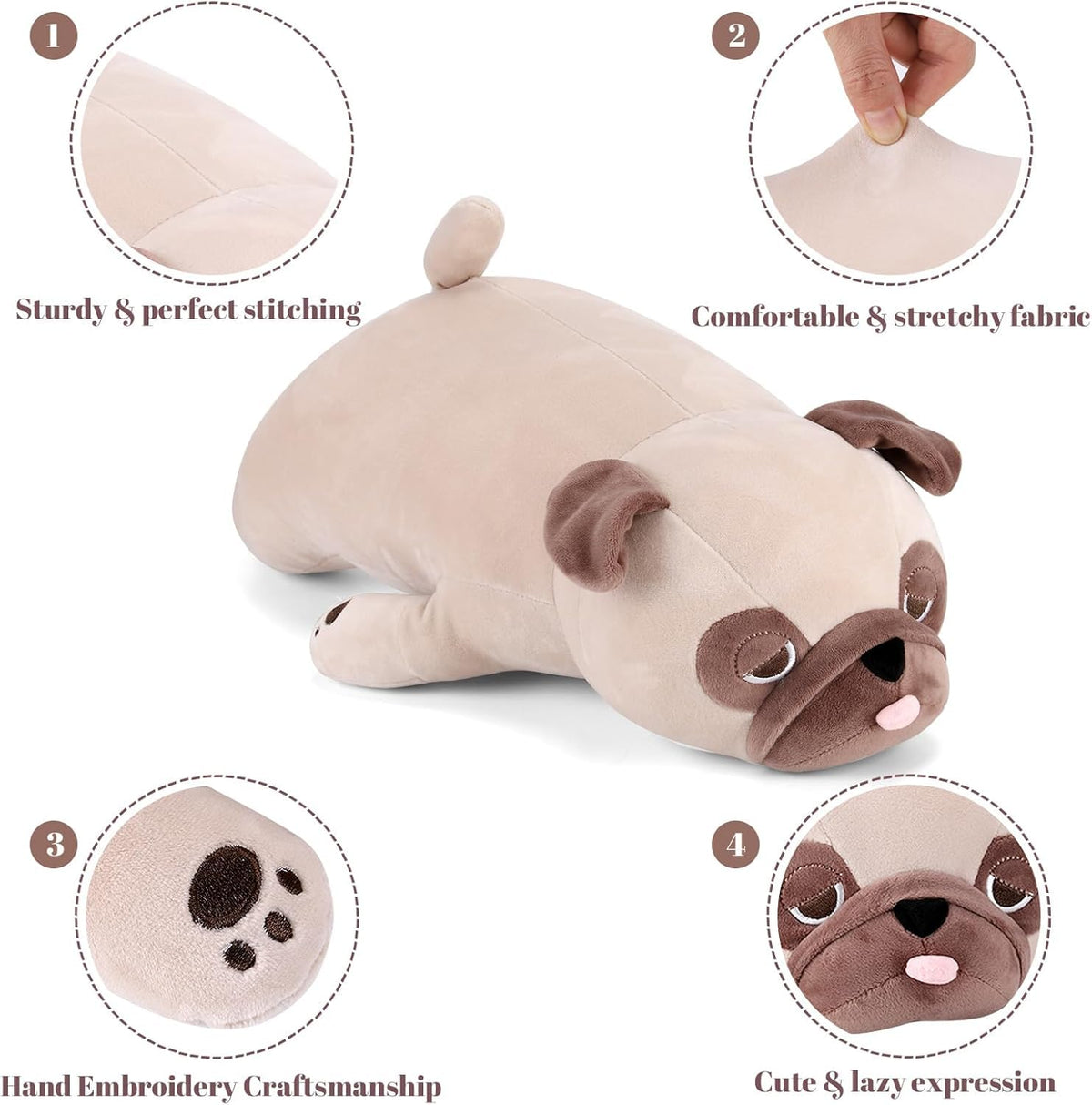 Gnomantic pug weighted plush face close-up, inviting comforting hugs and a soothing presence.