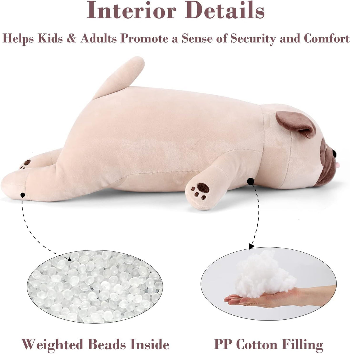Gnomantic pug weighted plush in a snuggle pose, perfect for nap time comfort.