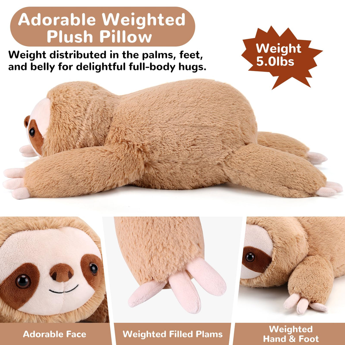 gnomantic sloth weighted plush 28-inch side view shows large plush pillow support