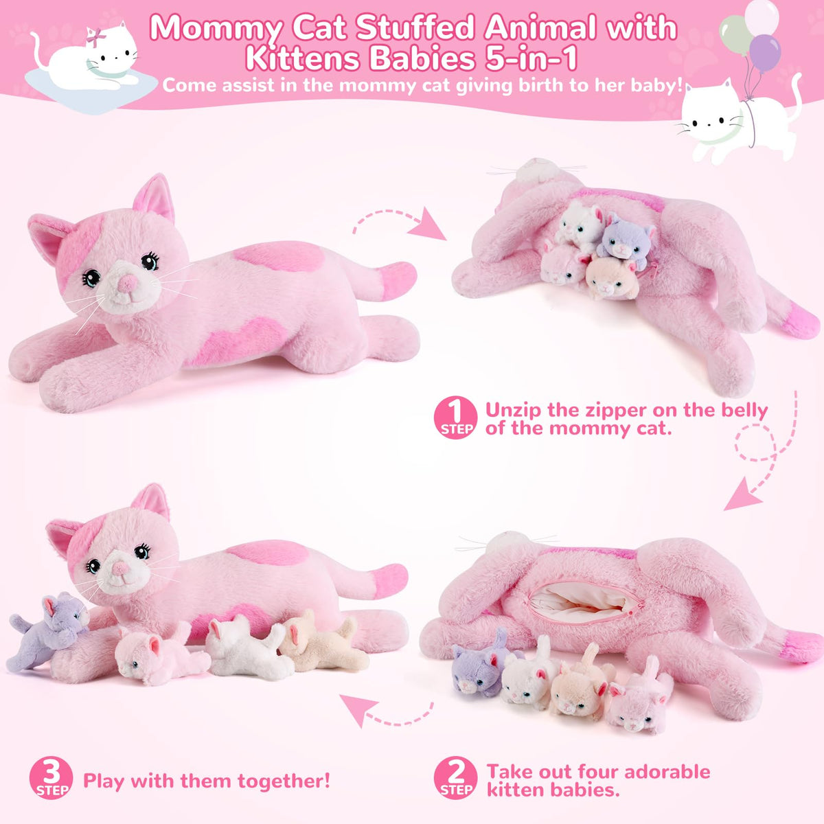 gnomantic soft plush kittens in white, black, gray, and yellow inviting gentle play and storytelling