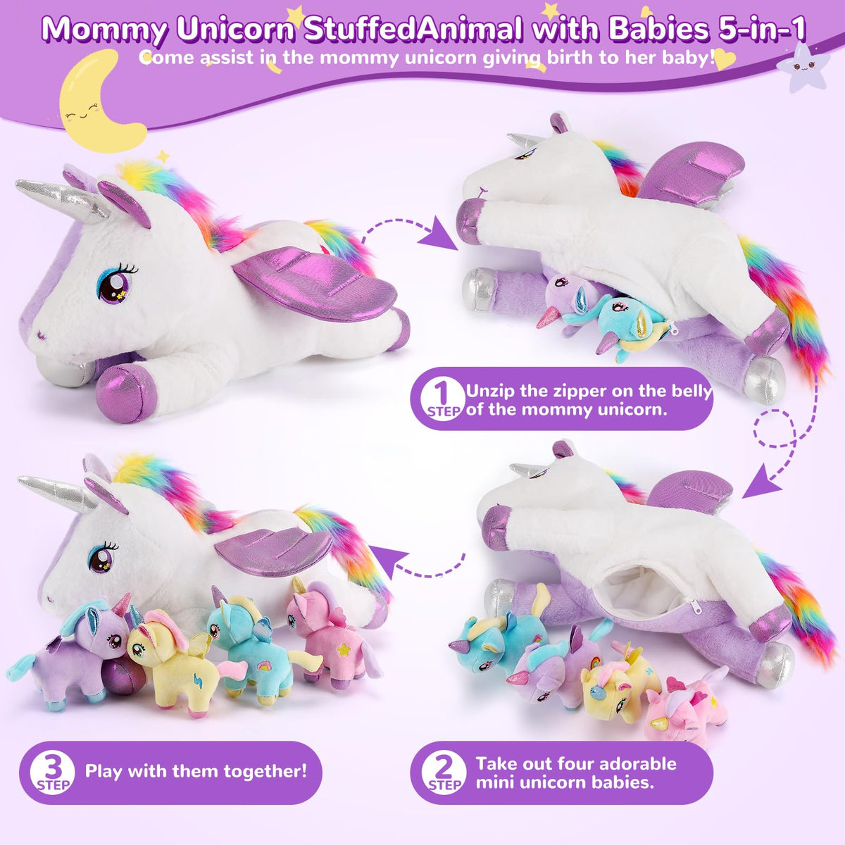 Gnomantic unicorn babies in pink, blue, purple and yellow spark curiosity during cuddle time