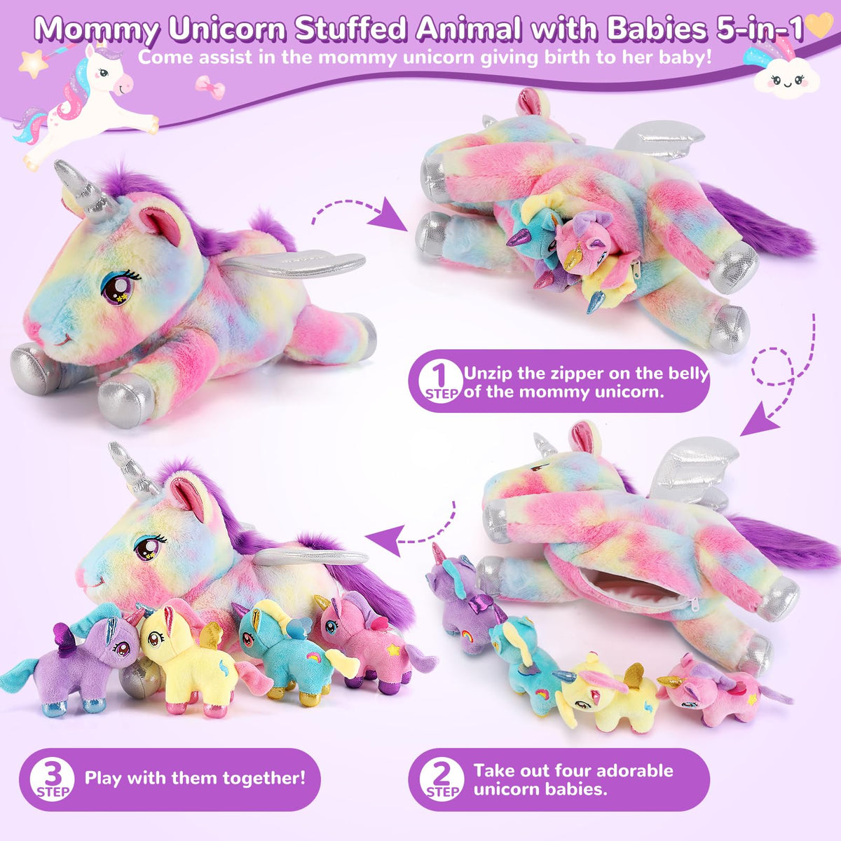 Gnomantic unicorn plush dolls with embroidered hearts, charming and comforting.
