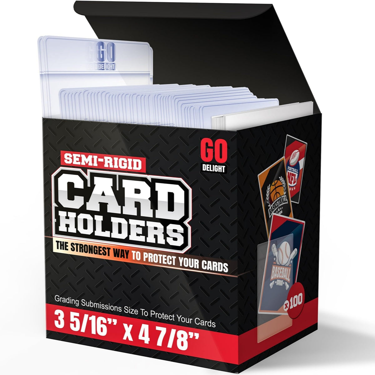GO DELIGHT semi-rigid card holders for PSA submissions protect cards with clear visibility.
