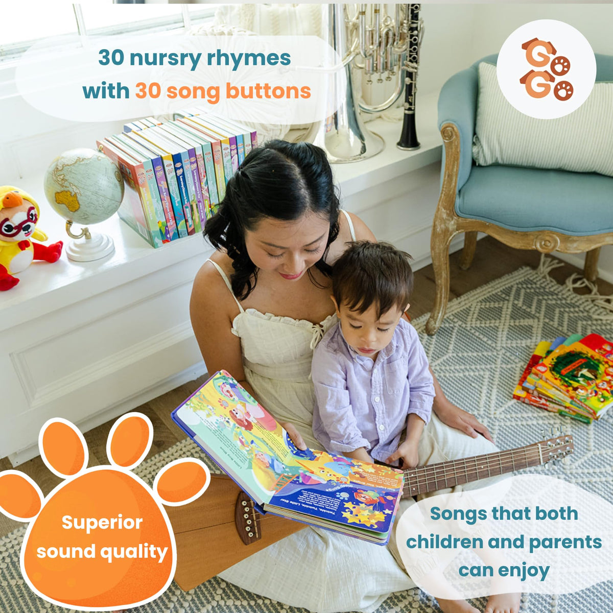 GO GO 30 Classic Nursery Rhymes Sound Book open pages showcase vibrant illustrations for imagination.