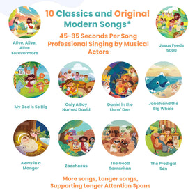 GO GO Bible Story Songs 10 sing-along tunes for family listening.