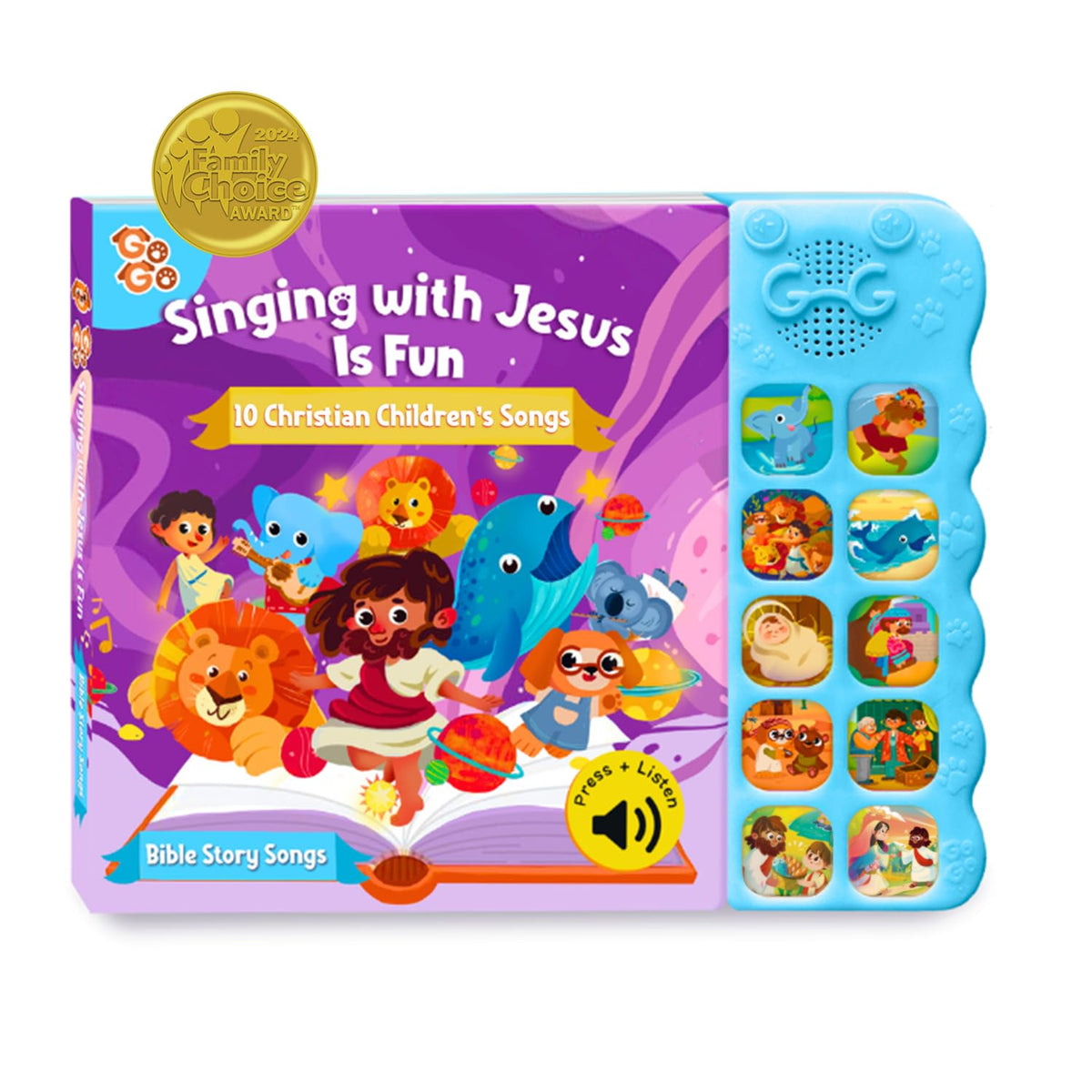 GO GO Bible Story Songs cover image for early learning with 10 toddler songs.