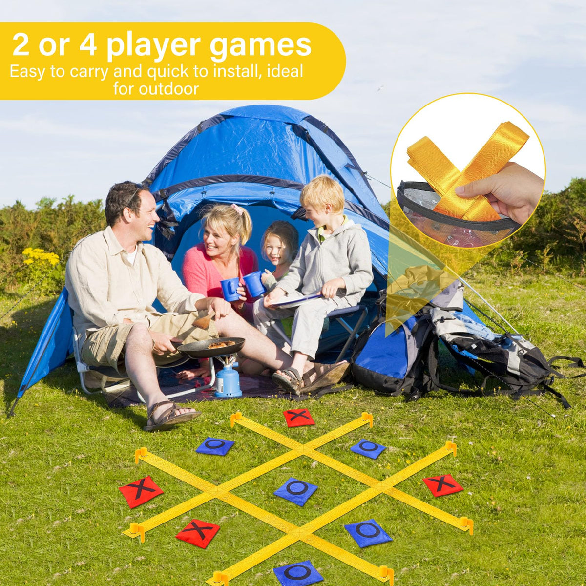 Ground stakes secure the board on a lawn for stable play.