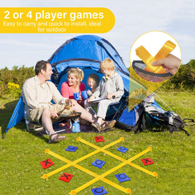 Ground stakes secure the board on a lawn for stable play.