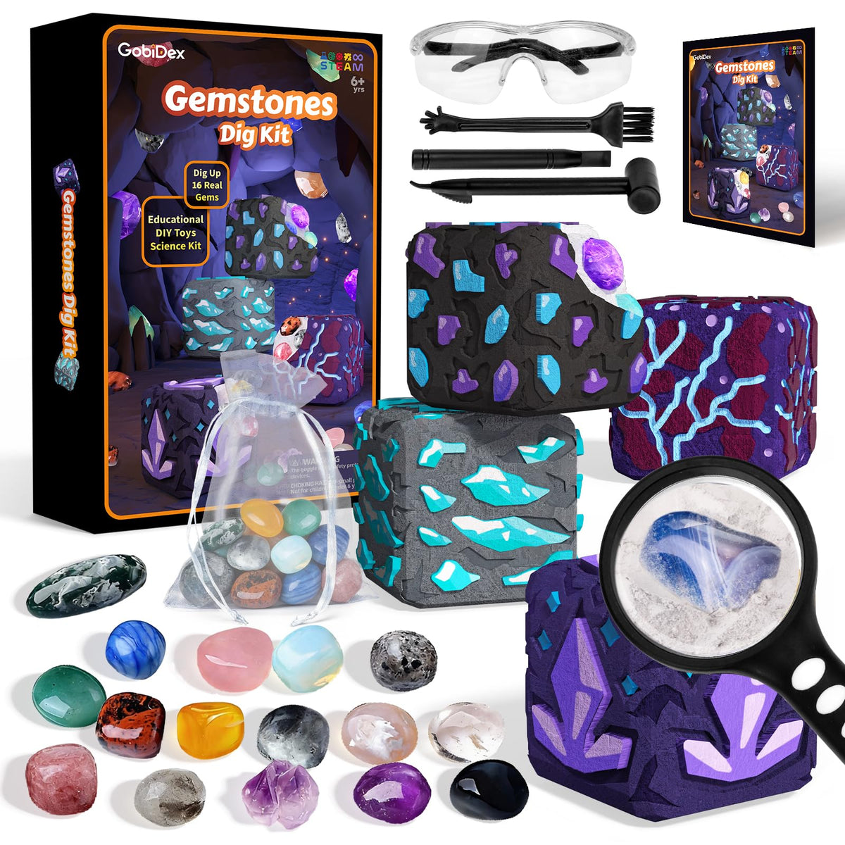 GobiDex Gemstones Dig Kit close-up of the dig block revealing real gemstones for curious minds.