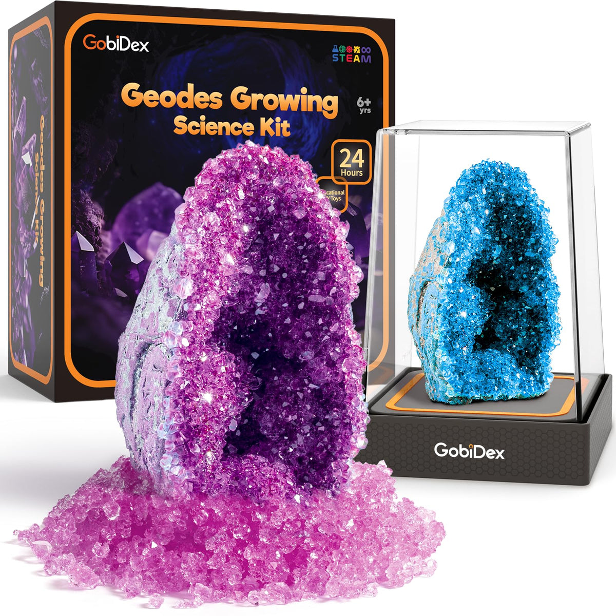 GobiDex Geodes kit box demonstrates rapid growth over 24 hours.