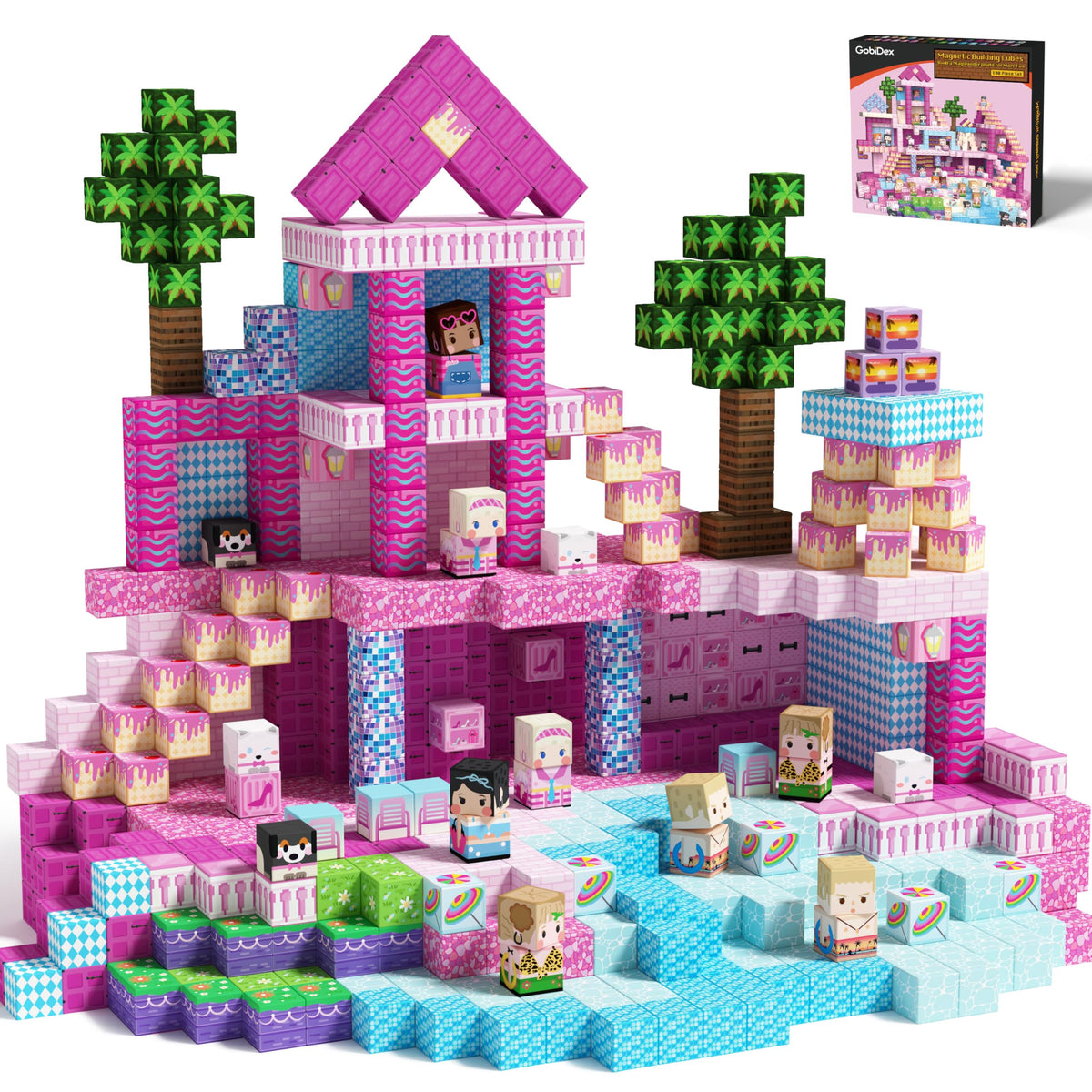 GobiDex pink poolside villa blocks foster imaginative play and spatial awareness.