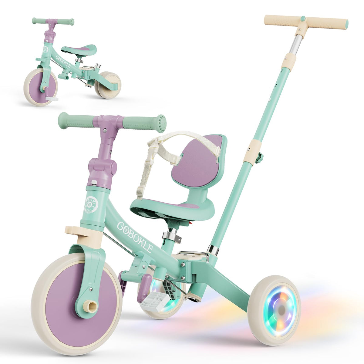 GOBOKLE 5-in-1 tricycle with push-handle guides parents for easy rides.