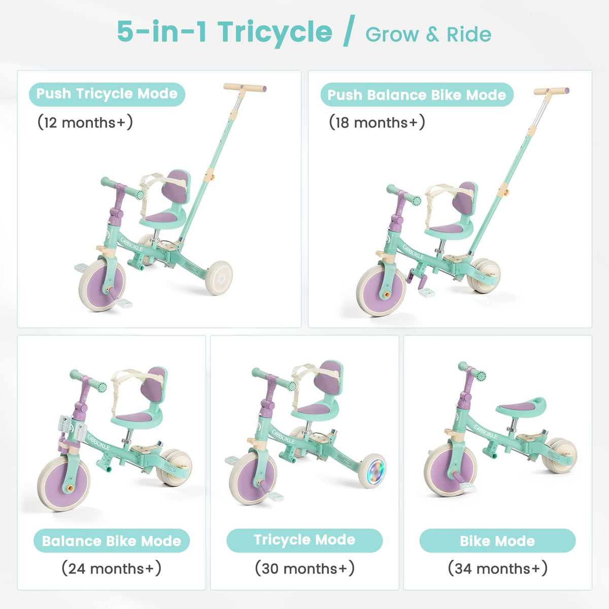 GOBOKLE tricycle with colorful light-up wheels adds playful visibility.