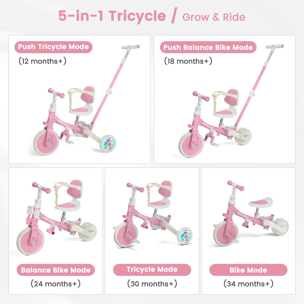 GOBOKLE adjustable push handle in pink for parent control
