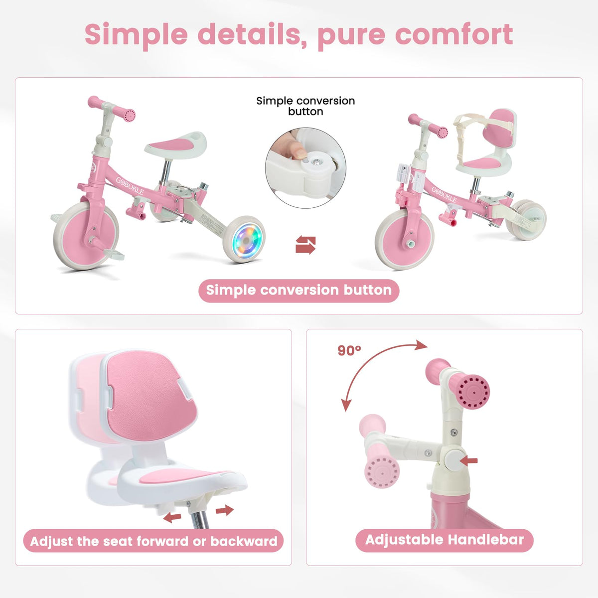 GOBOKLE pink removable pedals for converting to a balance bike