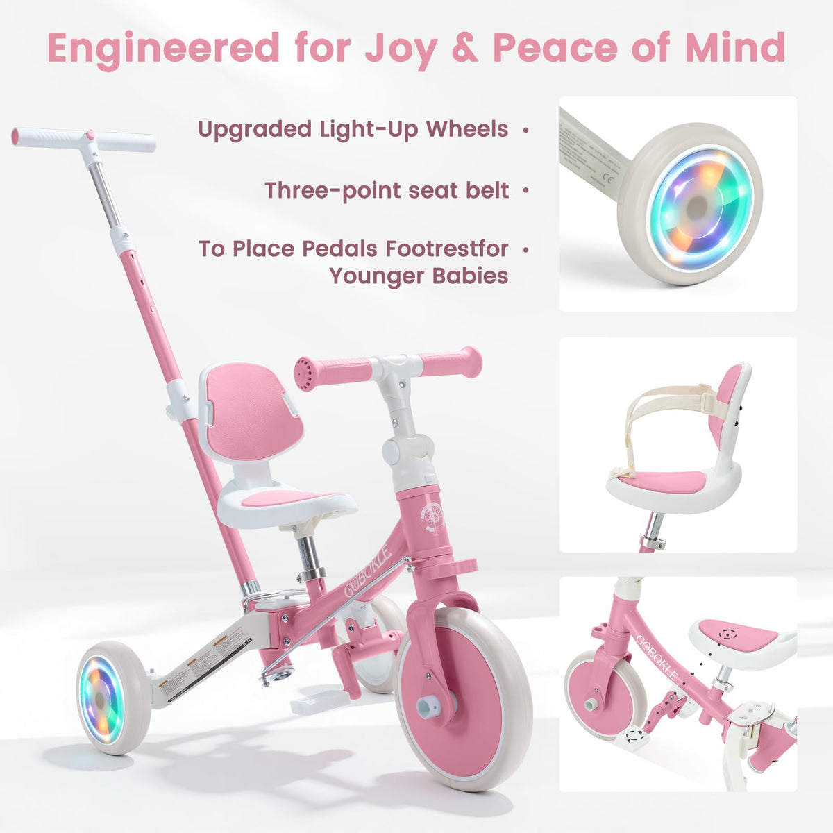 GOBOKLE pink tricycle with safety harness for secure riding