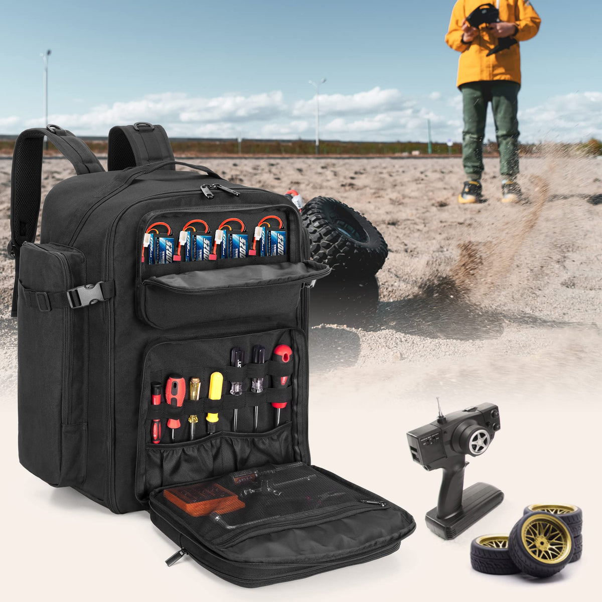 GOBUROS RC Backpack dimensions 15.7 by 10 by 21.7 inches for easy packing.