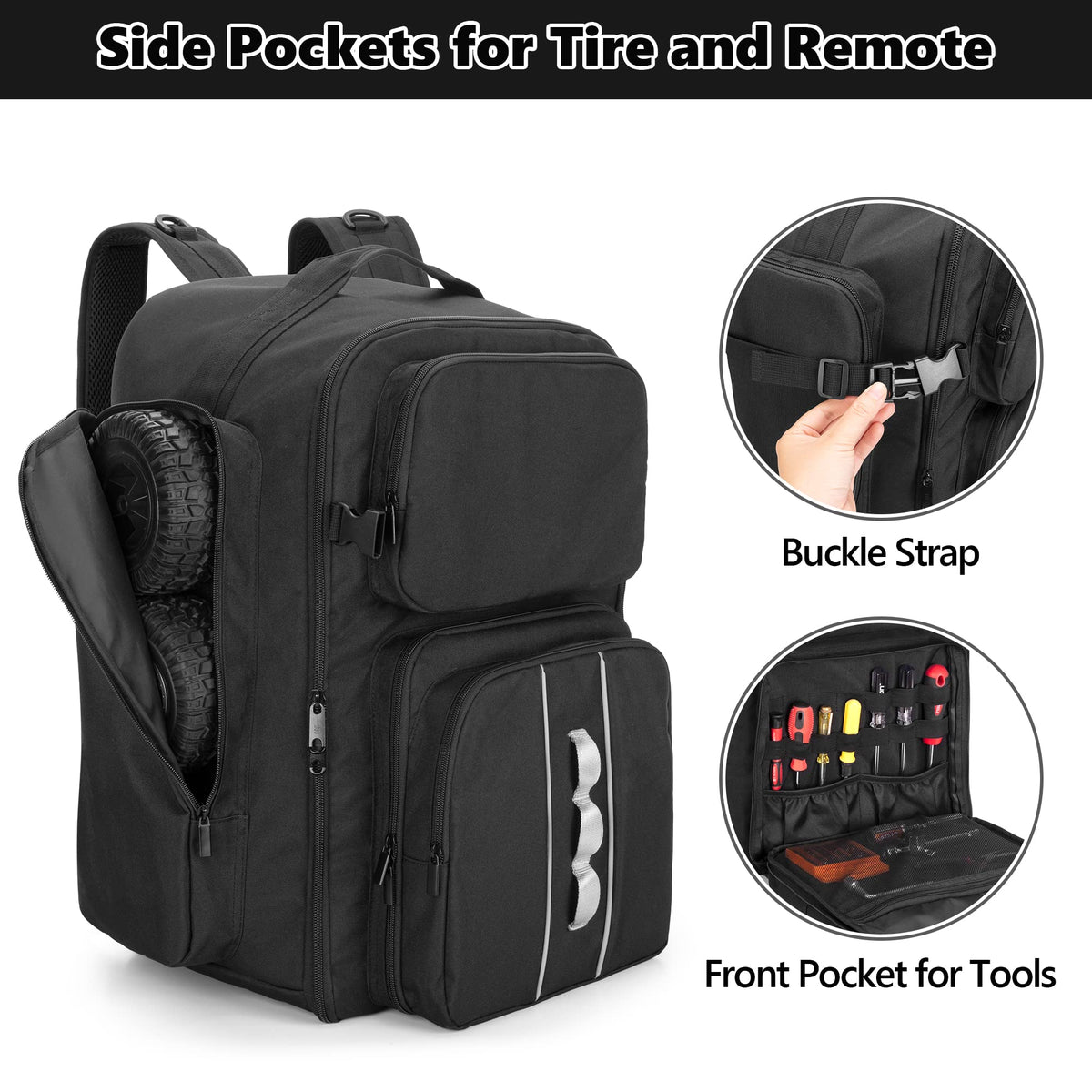 GOBUROS RC Backpack front pockets store tools and batteries for on-the-go RC work.